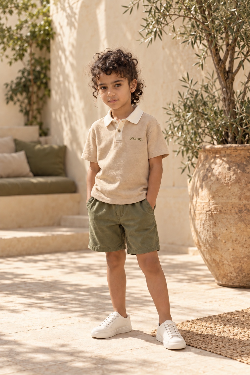 Polo sable à col ivoire et bermuda olive